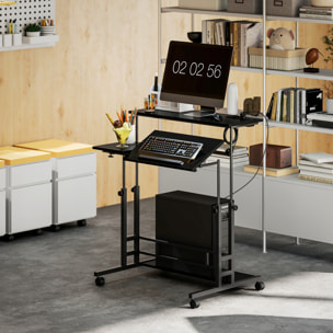 Escritorio Elevable con Ruedas, Enchufes, Puertos USB, Altura Ajustable, 80x60 cm, Escritorio de Pie con Panel Central Inclinado y Estante Inferior de Almacenamiento, para Oficina, Hogar, Negro