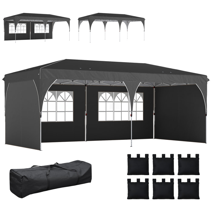 Carpa Plegable 6x3 m, Pop-up, con 4 Laterales Extraíbles, Cenador de Jardín con Tiras Reflectantes, Altura Ajustable, Sistema Central de Bloqueo, UPF50+, Impermeable, Bolsa Transporte, Gris