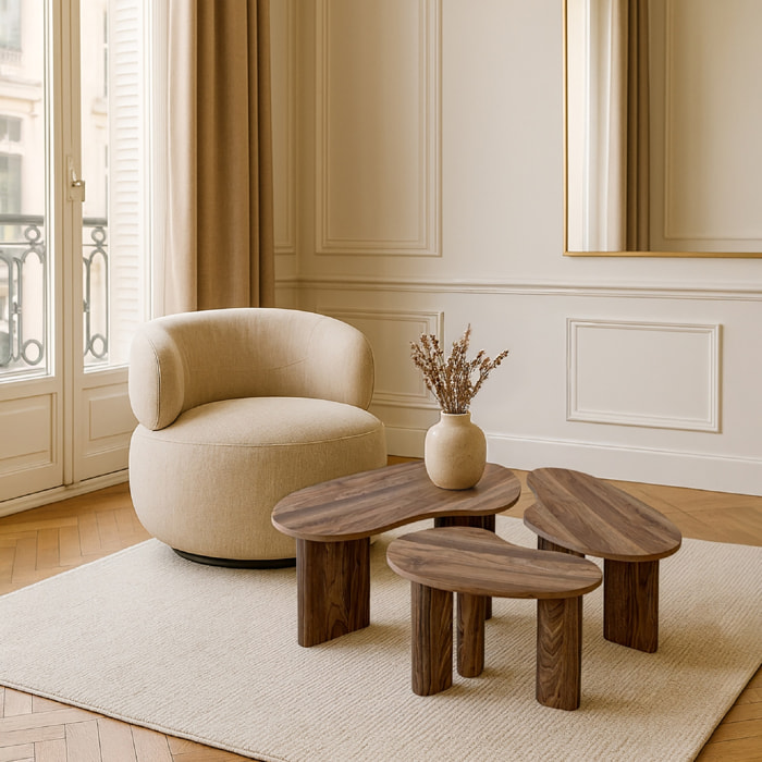 Lot de 3 tables basses aux formes organiques effet bois de noyer CHARLIE