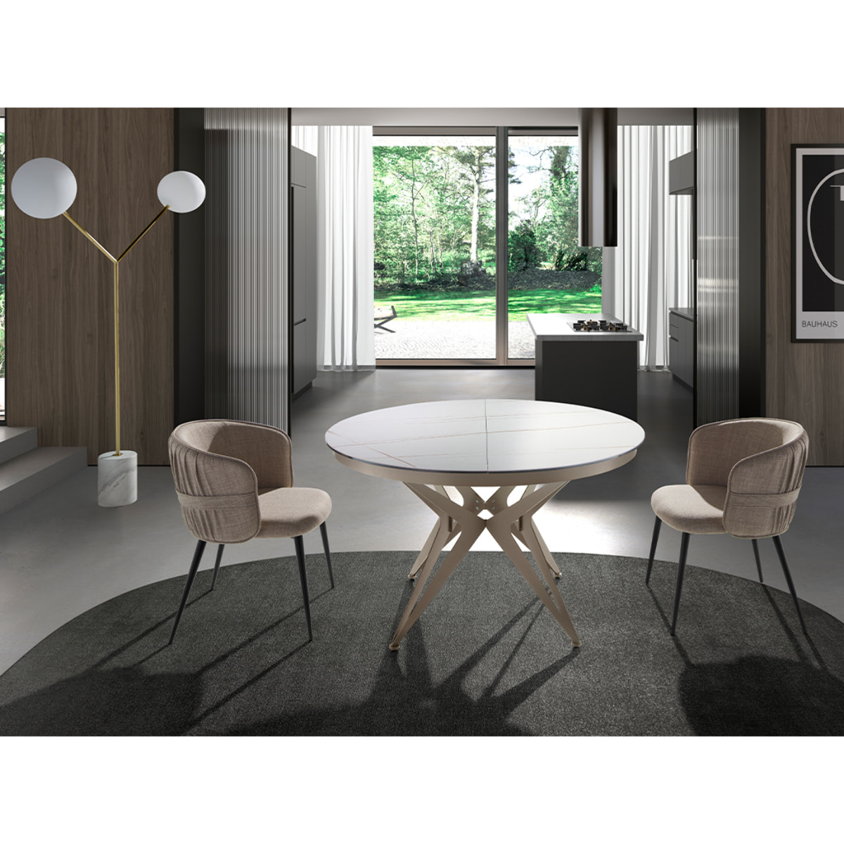 Mesa comedor extensible redonda con tapa de mármol porcelánico blanco con vetas marrones en acabado mate 120x120x77cm