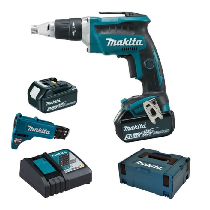 Visseuse automatique 18V - 25 à 55 mm - MAKITA - avec 2 batteries 18V 5Ah - chargeur - chargeur vis - MakPac - DFS452TJX2