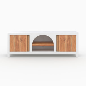 Meuble TV en béton blanc cassé et bois d'acacia 145 cm - Fira