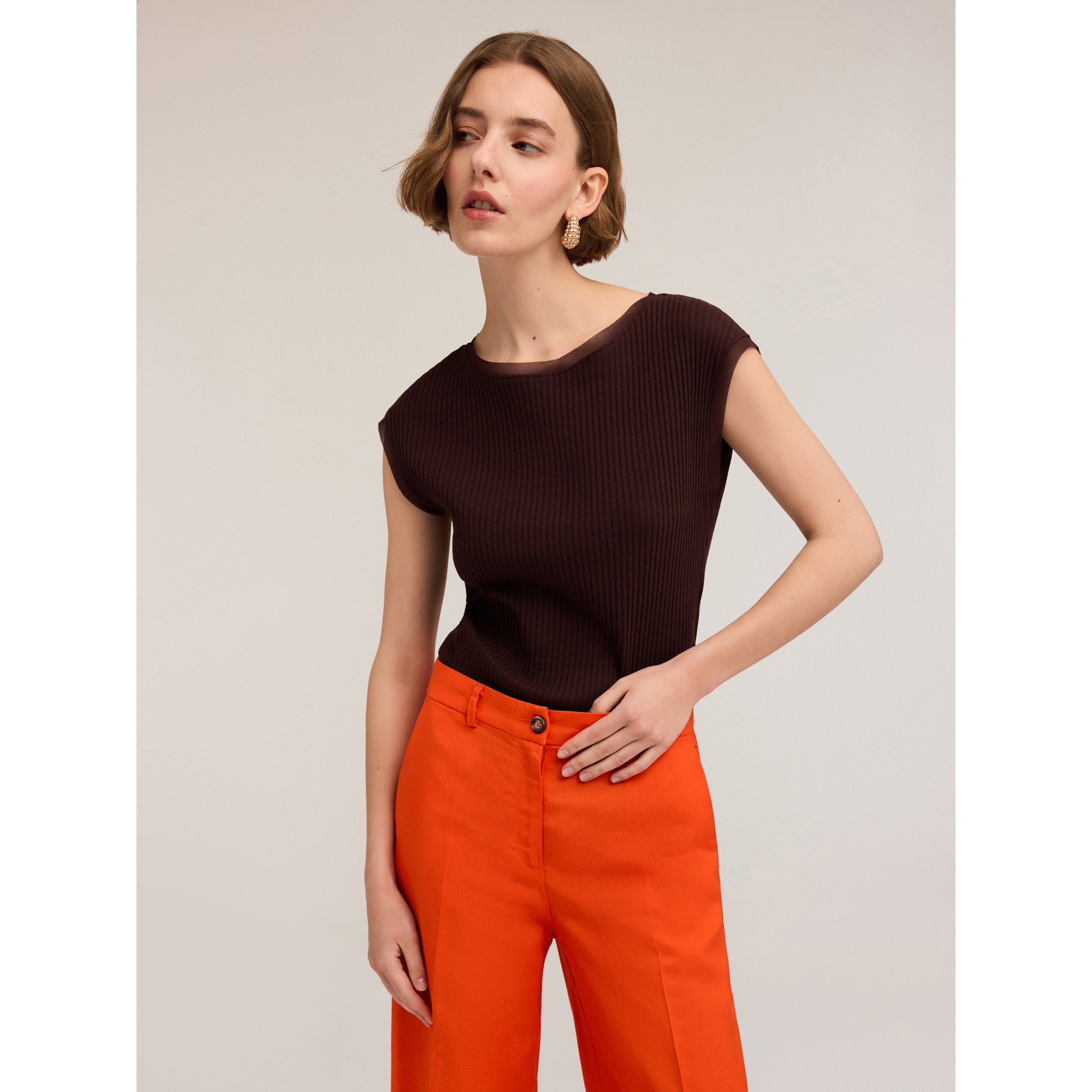 Motivi - Camiseta con bordes de gasa - Marrón