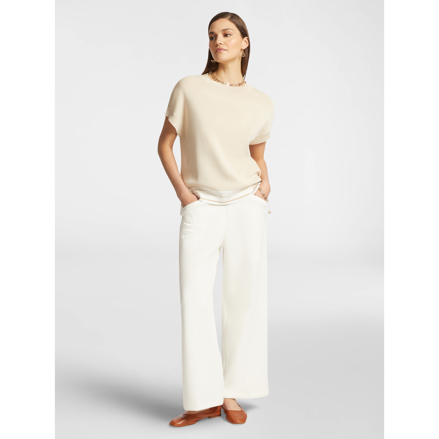 Elena Mirò - Camisa de manga corta con borde de rayas - Beige