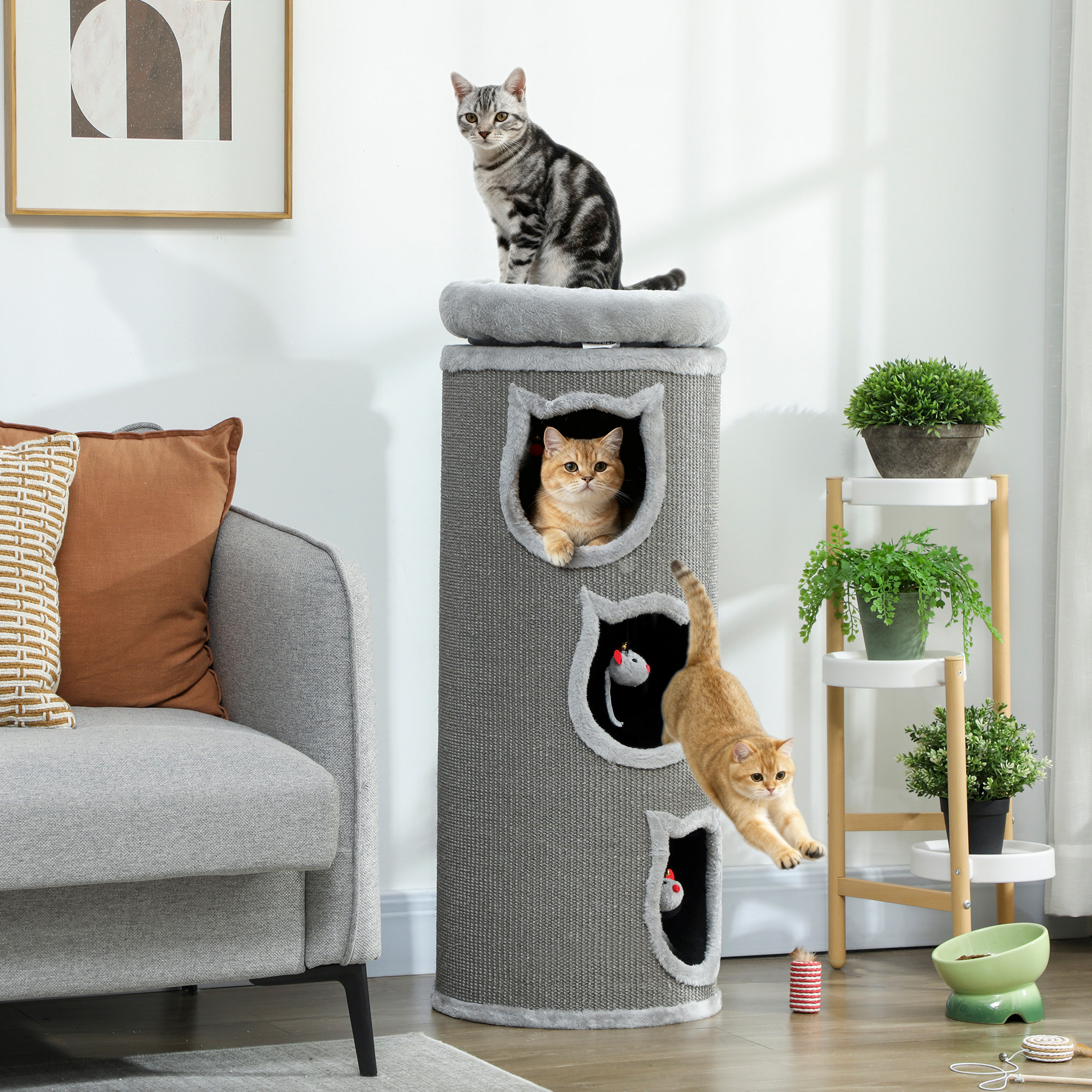 Tour à griffer pour chat - arbre à chat - 3 niches, 3 jouets, panier haut - sisal peluche gris