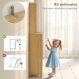 Armario de Baño Alto de Bambú, Columna de Baño Estrecha con 3 Estantes Abiertos, Puerta de Lamas, Estantes Ajustables, 34x30x170 cm, Natural