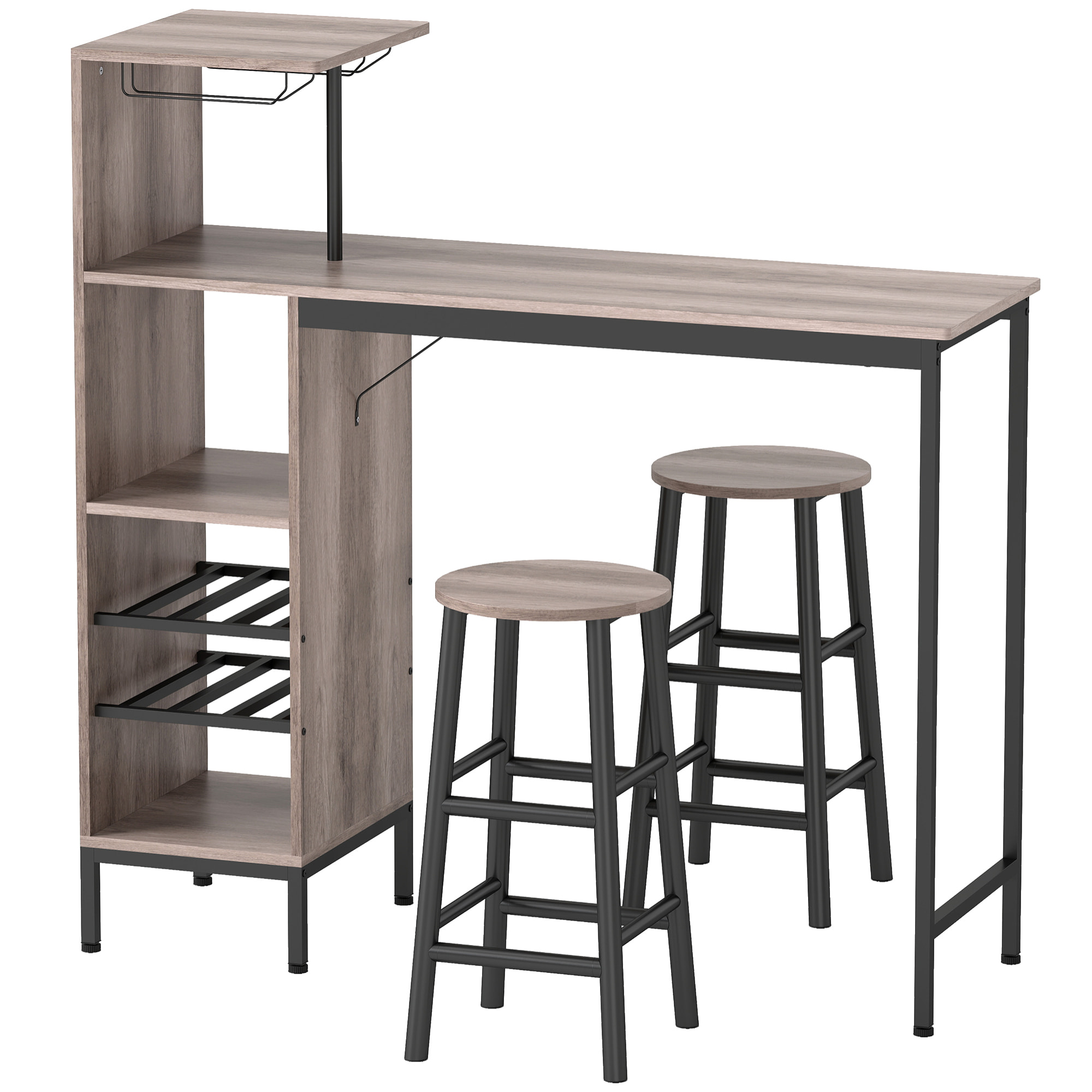 Ensemble bar multi-rangement 2 tabourets métal noir effet bois naturel