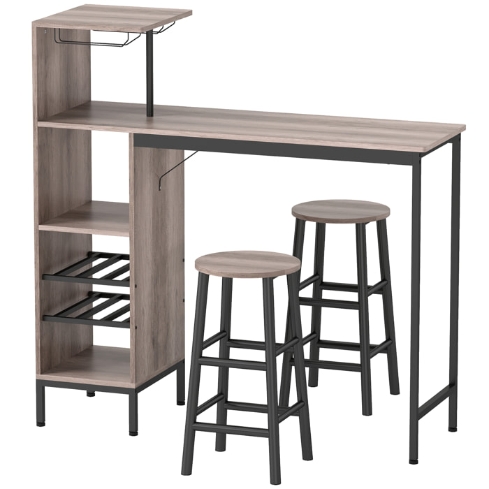 Ensemble bar multi-rangement 2 tabourets métal noir effet bois naturel