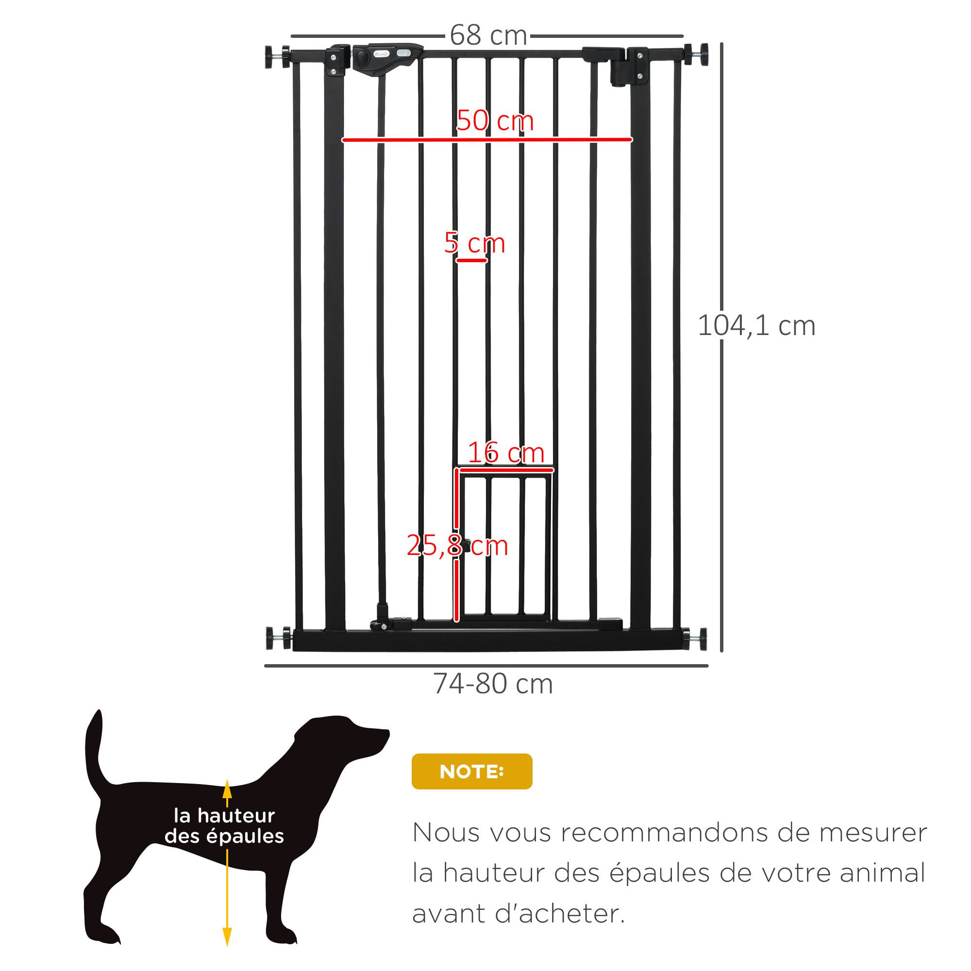 Barrière de sécurité animaux - longueur réglable dim. 74-80 cm - porte double verrouillage, ouverture double sens, petite porte -sans perçage - acier plastique noir