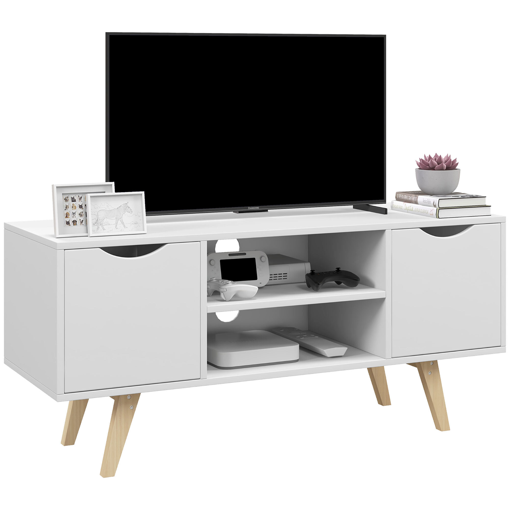 Mueble de TV Moderno Mueble para Televisores de 50 Pulgadas Mesa de TV para Salón con 2 Puertas 2 Estantes Abiertos y Patas de Madera 110x39x50 cm Blanco