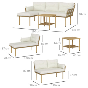 Conjunto de Jardín de Ratán Sintético Juego de 3 Piezas Muebles de Jardín con 1 Sofá de 2 Plazas 1 Sofá Esquinera y 1 Mesa de Centro Metálica para Patio Natural y Crema