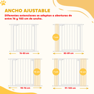 Barrera de Seguridad para Niños y Perros, Extensible 76-103 cm, Puerta para Perros, Bloqueo Doble, Cierre Automático, Apertura Dos Sentidos, Montaje a Presión, 2 Extensiones 7/14 cm, Blanco