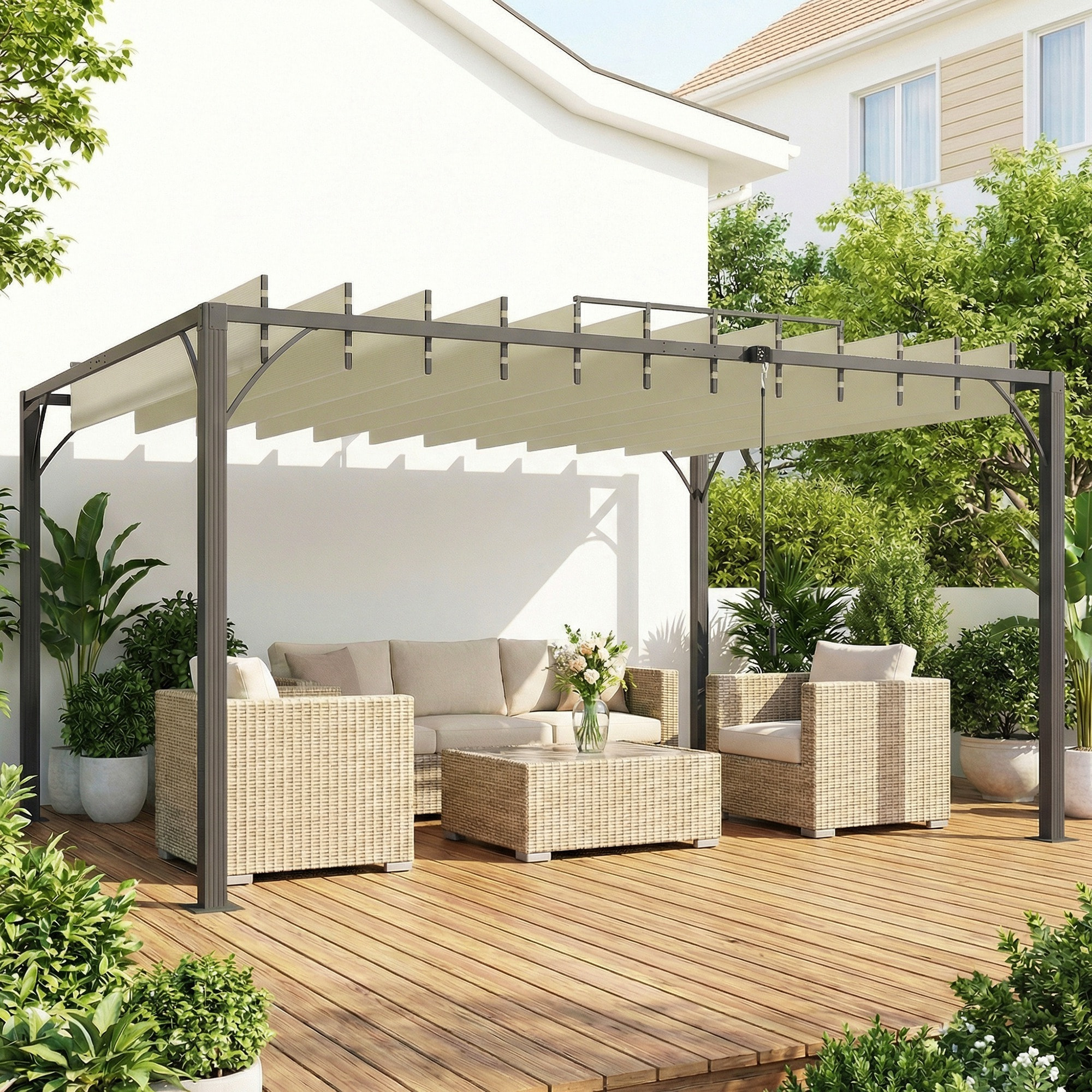 Pérgola de Jardín 3x4 m, Cenador de Jardín con Techo de Lamas Orientables a 135°, Estructura de Aluminio, Protección UPF30+, Pabellón para Exterior, Patio, Terraza, Blanco Crema