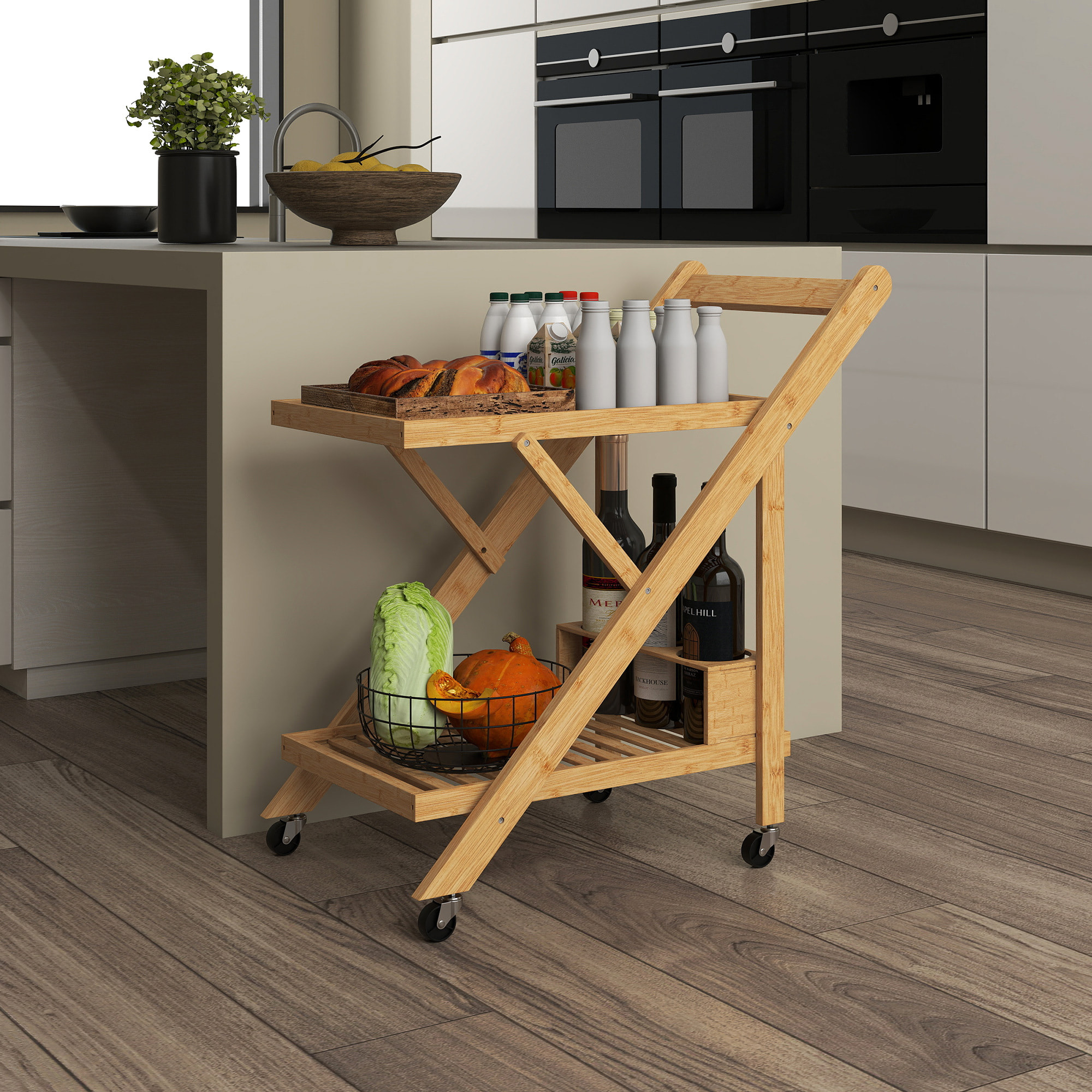 HOMCOM Carrito de Cocina de Bambú con Ruedas, Carro de Cocina Plegable con Soporte para Vino, 2 Estantes, Organizador para Comedor o Salón, 66x40x70 cm, Natural