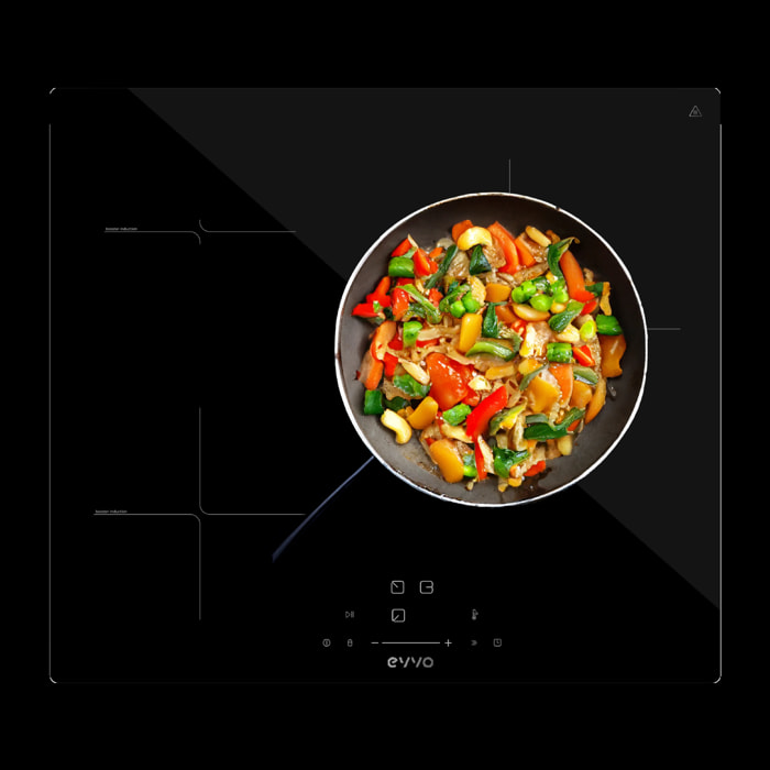 EVVO Placa Inducción 3 zonas de cocinado V61, Potencia máxima 7.200W, 9 niveles, máx diámetro 30 cm, booster, control táctil, indicador de calor
