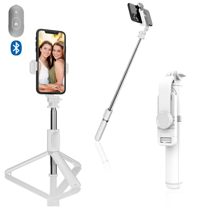Palo selfie stick con treppiede estensibile e scatto remoto Bluetooth.
