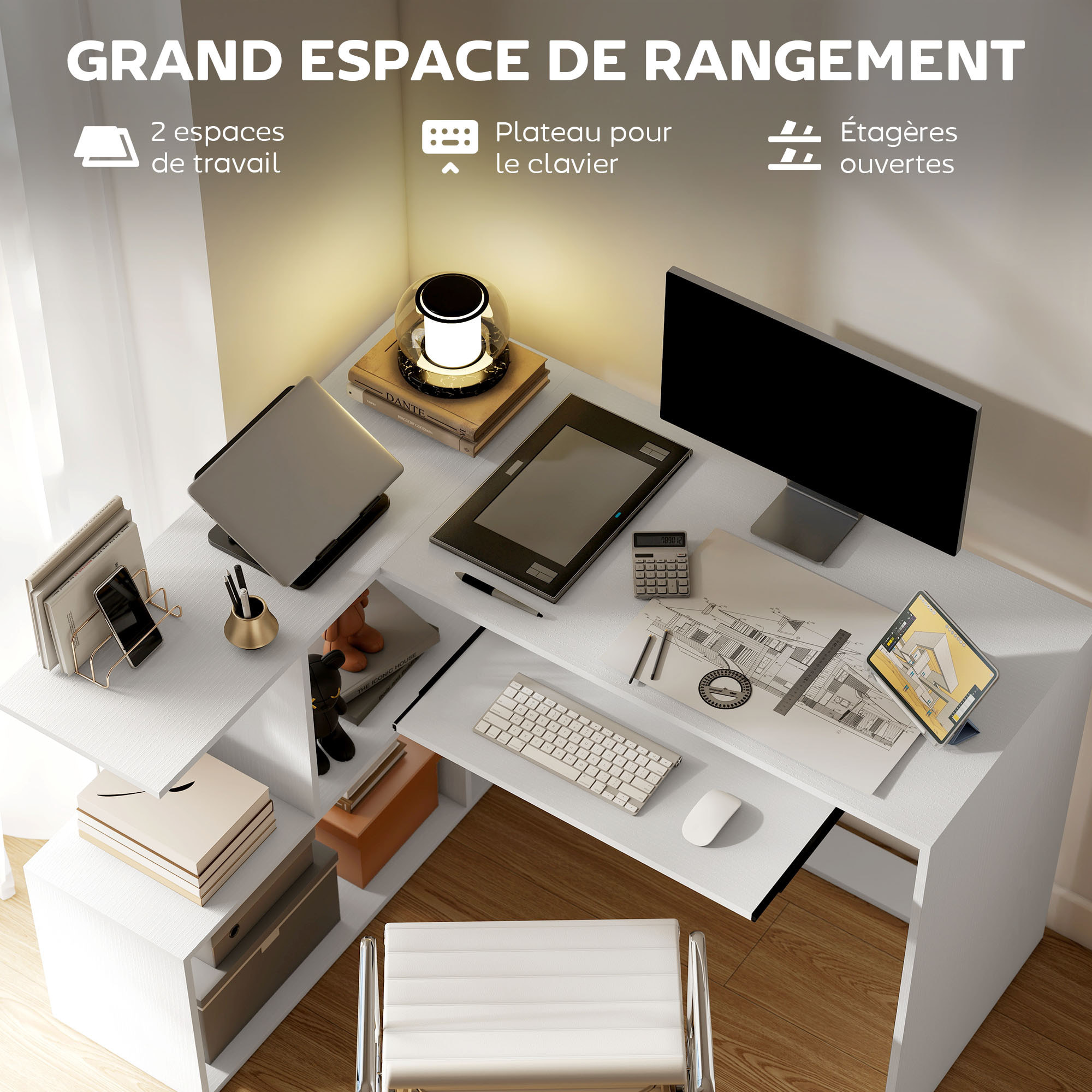 Bureau informatique - bureau d'angle 120 x 100 cm - tablette coulissante clavier, 4 niches - effet bois blanc