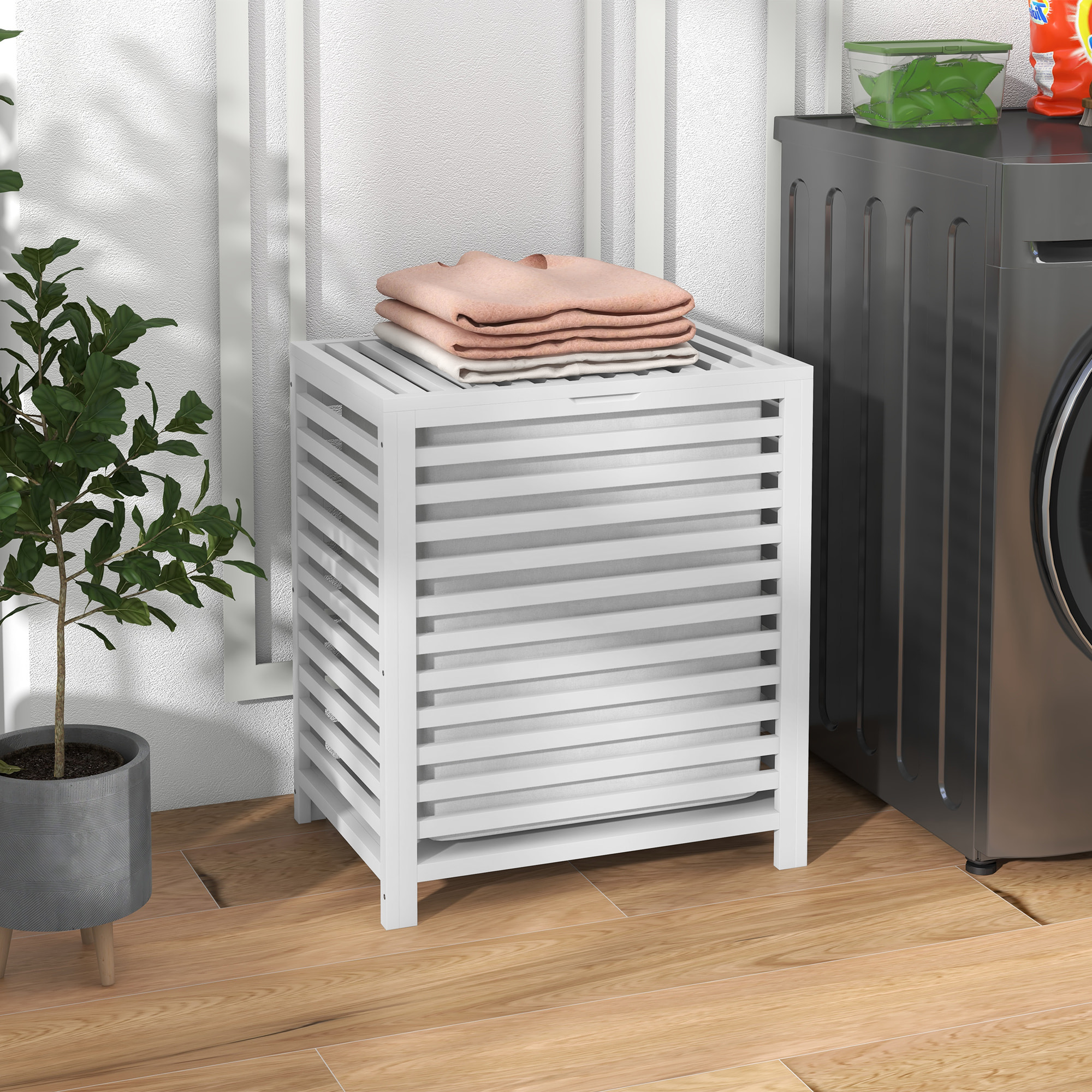 Cesto para Ropa Sucia de Bambú Capacidad de 55L Cesta para la Colada con Tapa 2 Asas y Bolsa Extraíble Forma Rectangular 50x36x60 cm Blanco