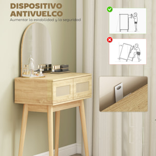 Tocador con Espejo Arqueado, Mesa de Maquillaje con 2 Cajones con Frontal de Ratán, Tocador de Maquillaje para Dormitorio, Espacios Pequeños, Natural