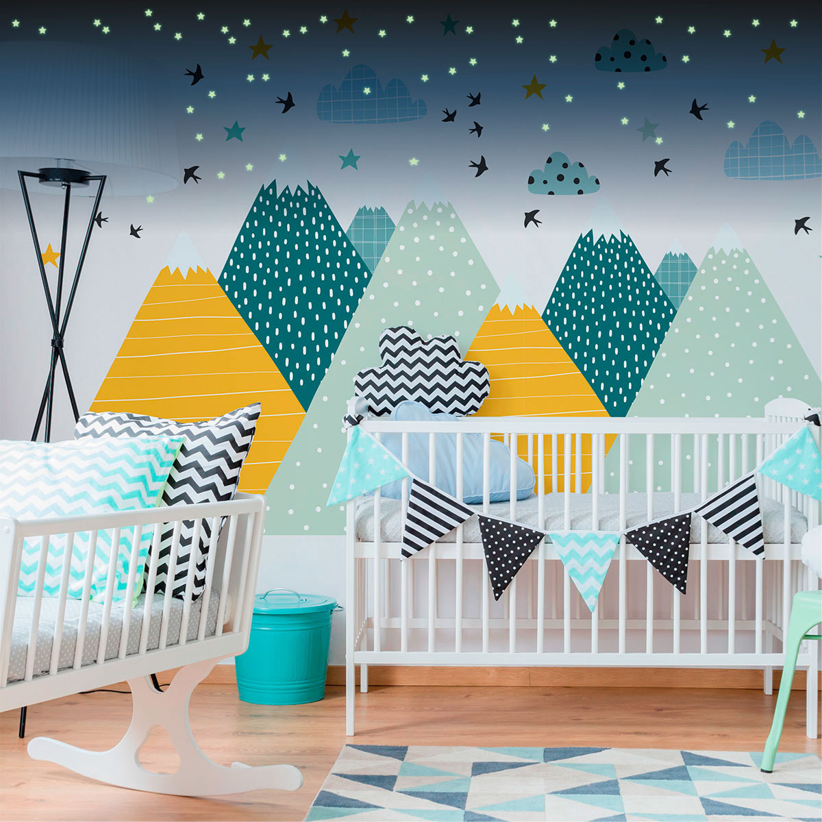 Stickers muraux enfants - Décoration chambre bébé - Autocollant Sticker mural géant enfant montagnes scandinaves MONTAGNES ZISKA + 100 ÉTOILES PHOSPHORESCENTES