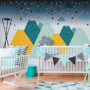 Stickers muraux enfants - Décoration chambre bébé - Autocollant Sticker mural géant enfant montagnes scandinaves MONTAGNES ZISKA + 100 ÉTOILES PHOSPHORESCENTES