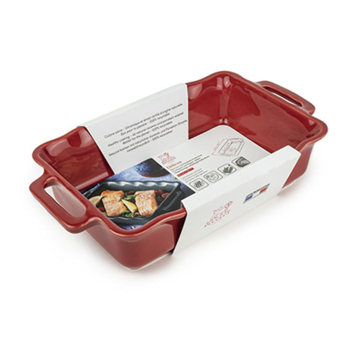 Plat céramique four rectangulaire festonné rouge cerise 31 cm Délices