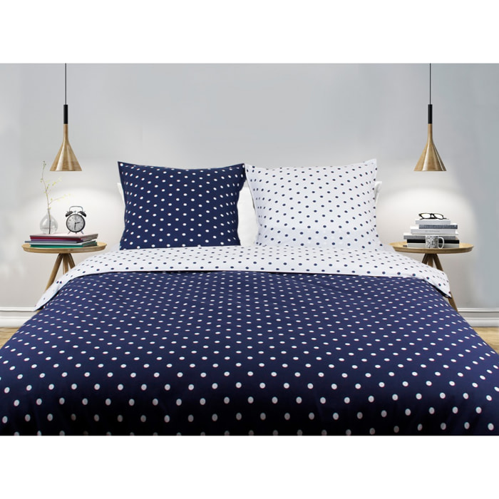 Housse de couette + taie(s) oreiller "Pois marine" 100% coton imprimé.