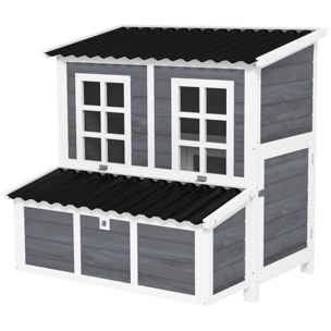Poulailler cottage en bois 3 pondoirs toit ouvrant porte 2 fenêtres plateau déjection 100x86x100cm gris blanc noir