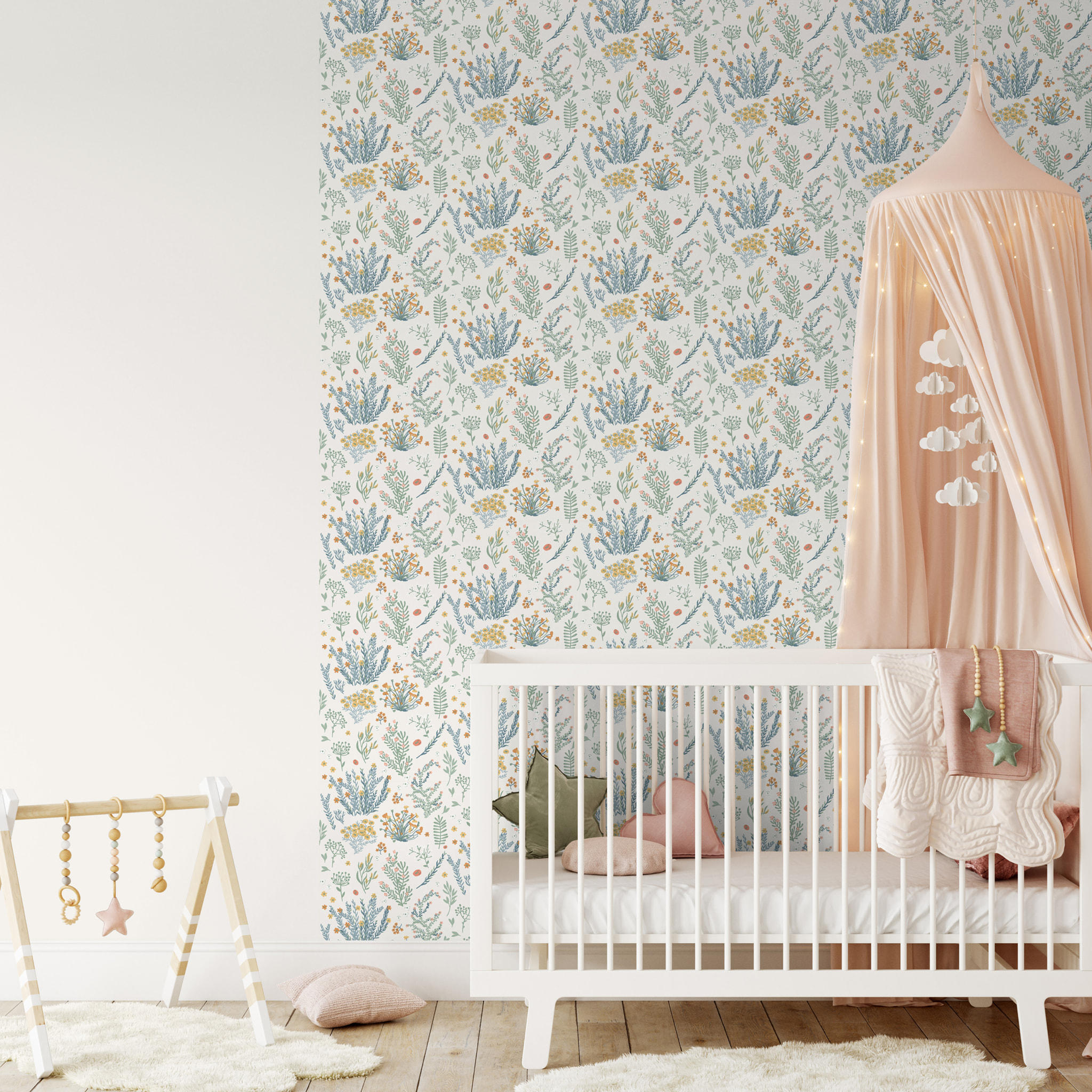 Papier peint enfant herbier fleurs sauvages pastel