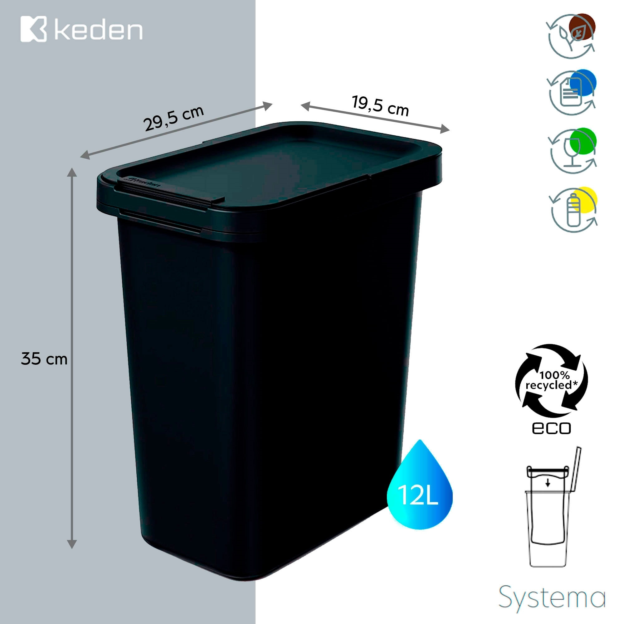 Sistema de reciclaje de 12l en color negro keden