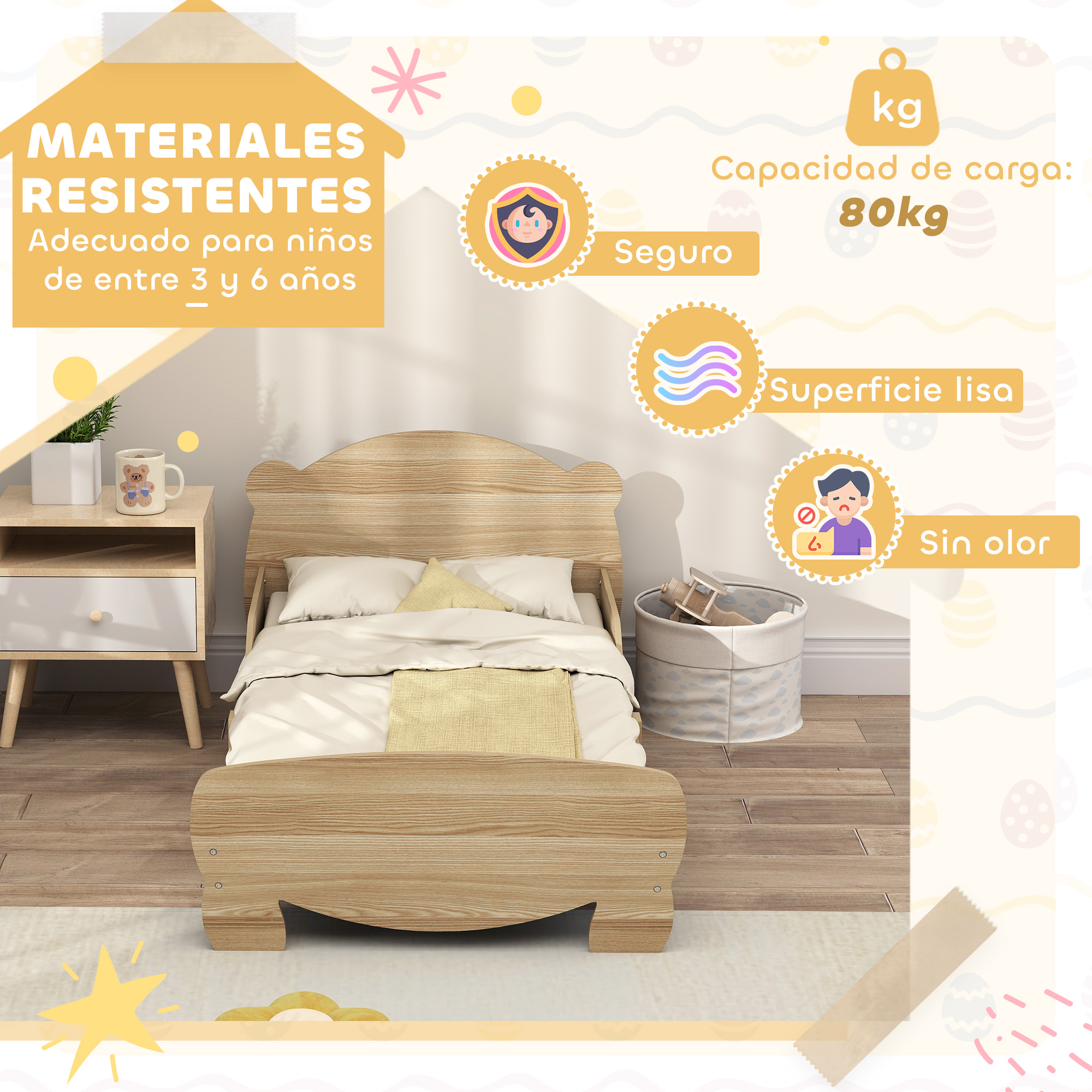 Cama para Niños de +3 Años 140x70 cm Cama Infantil de Madera Cabecero en Forma de Oso Carga 80 kg para Dormitorio Natural