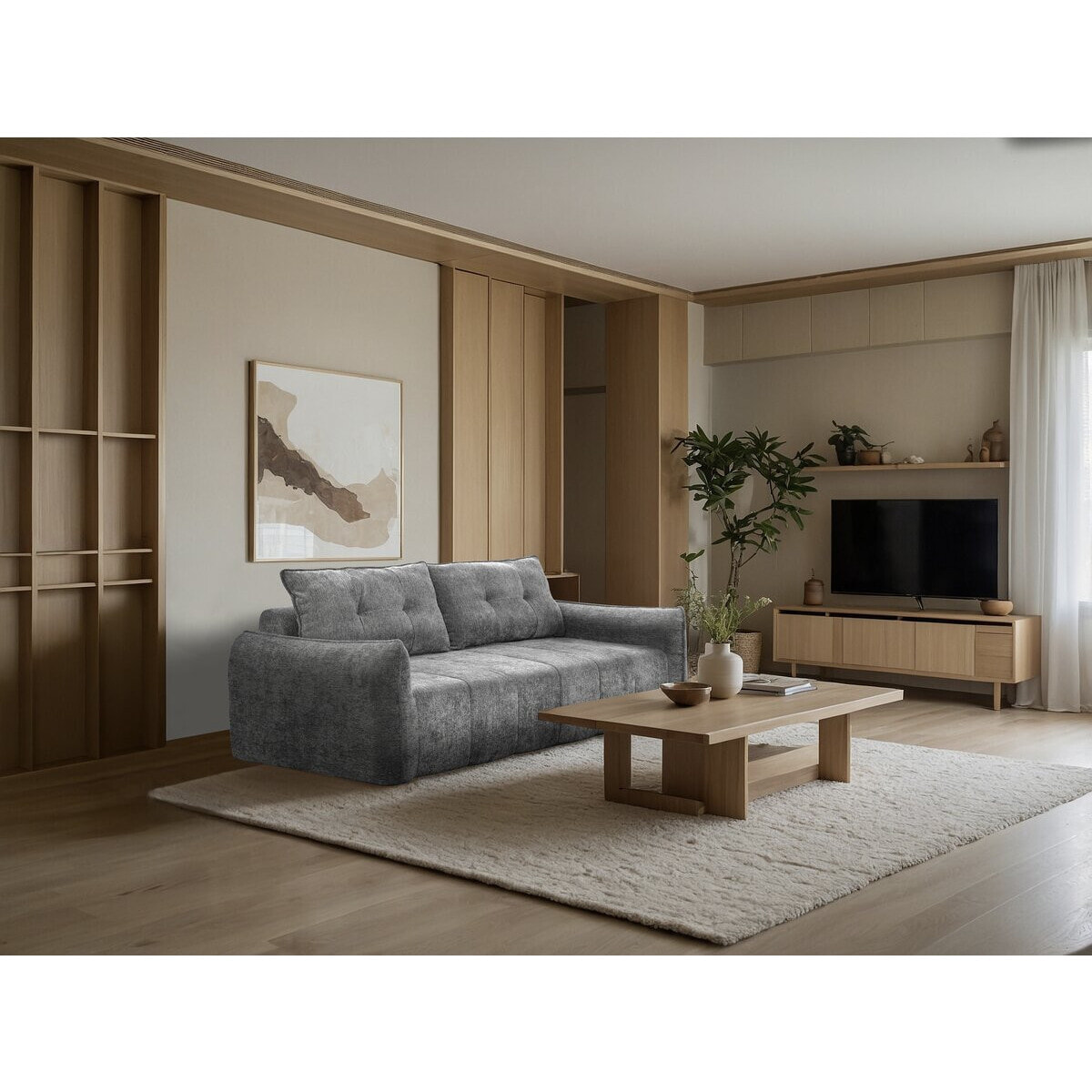 Canapé droit en tissu texturé "Silvano" - 3 places - Gris