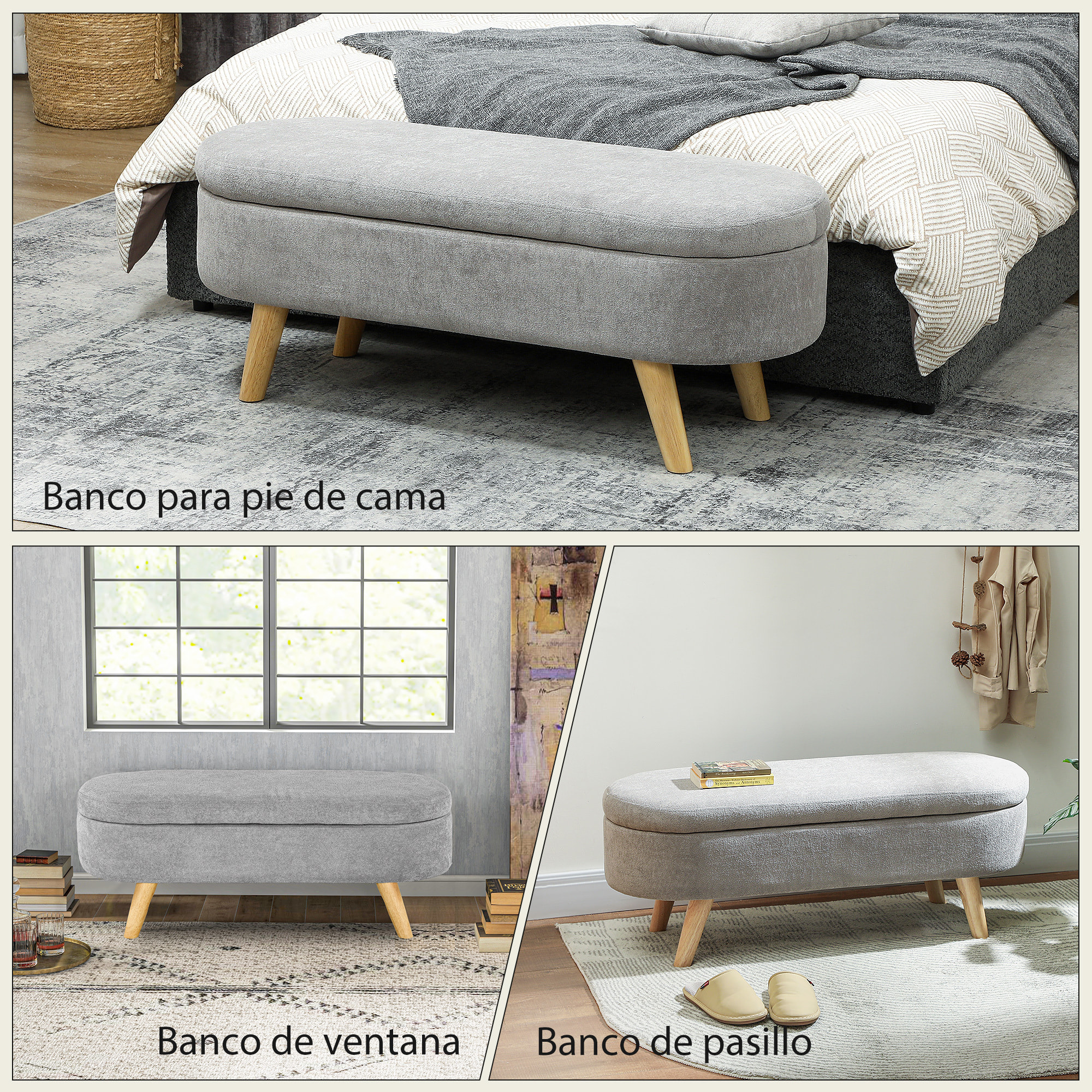 Banco Pie de Cama, Puff Almacenaje Tapizado en Terciopelo de Teddy con Patas de Madera y Asiento Acolchado, Banco de Almacenaje Ovalado para Dormitorio, Entrada, Pasillo, Gris Claro