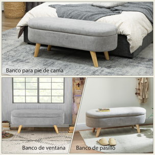 Banco Pie de Cama, Puff Almacenaje Tapizado en Terciopelo de Teddy con Patas de Madera y Asiento Acolchado, Banco de Almacenaje Ovalado para Dormitorio, Entrada, Pasillo, Gris Claro