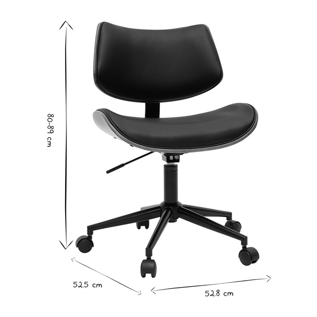 Chaise de bureau à roulettes design noir, bois foncé noyer et métal noir MALMO