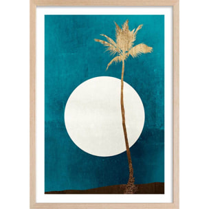 Poster cocotier sur fond bleu Affiche + cadre en bois - Chêne