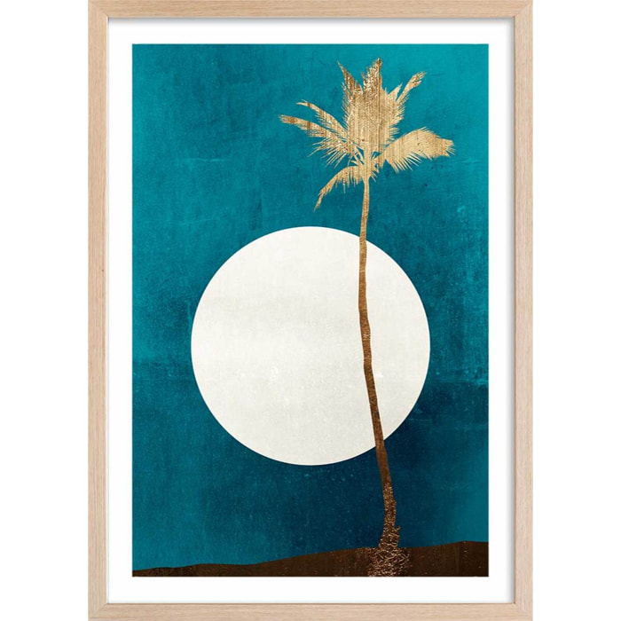 Poster cocotier sur fond bleu Affiche + cadre en bois - Chêne