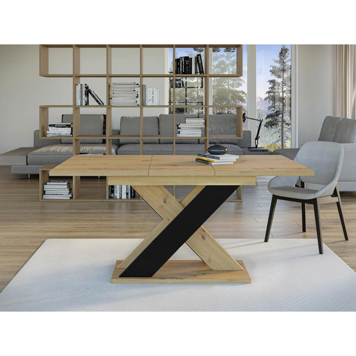 Tosca - table à manger extensible - aspect chêne clair et noir - 4 à 6 personnes - Bois / Noir