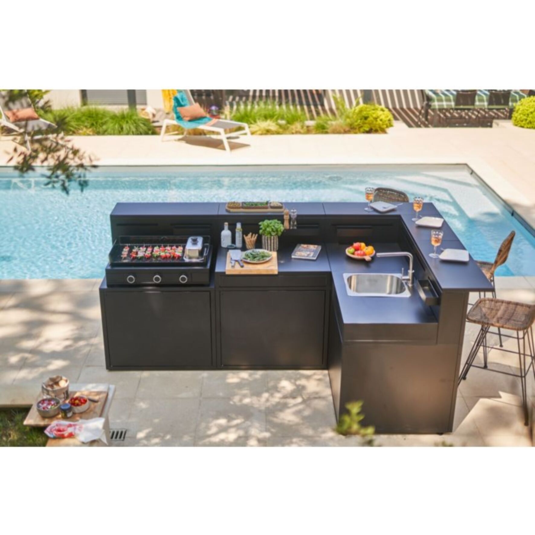 Meuble de cuisine extérieure FORGE ADOUR SPAF CBN meube pour plancha, porte rangement, pieds réglables, largeur 90 cm