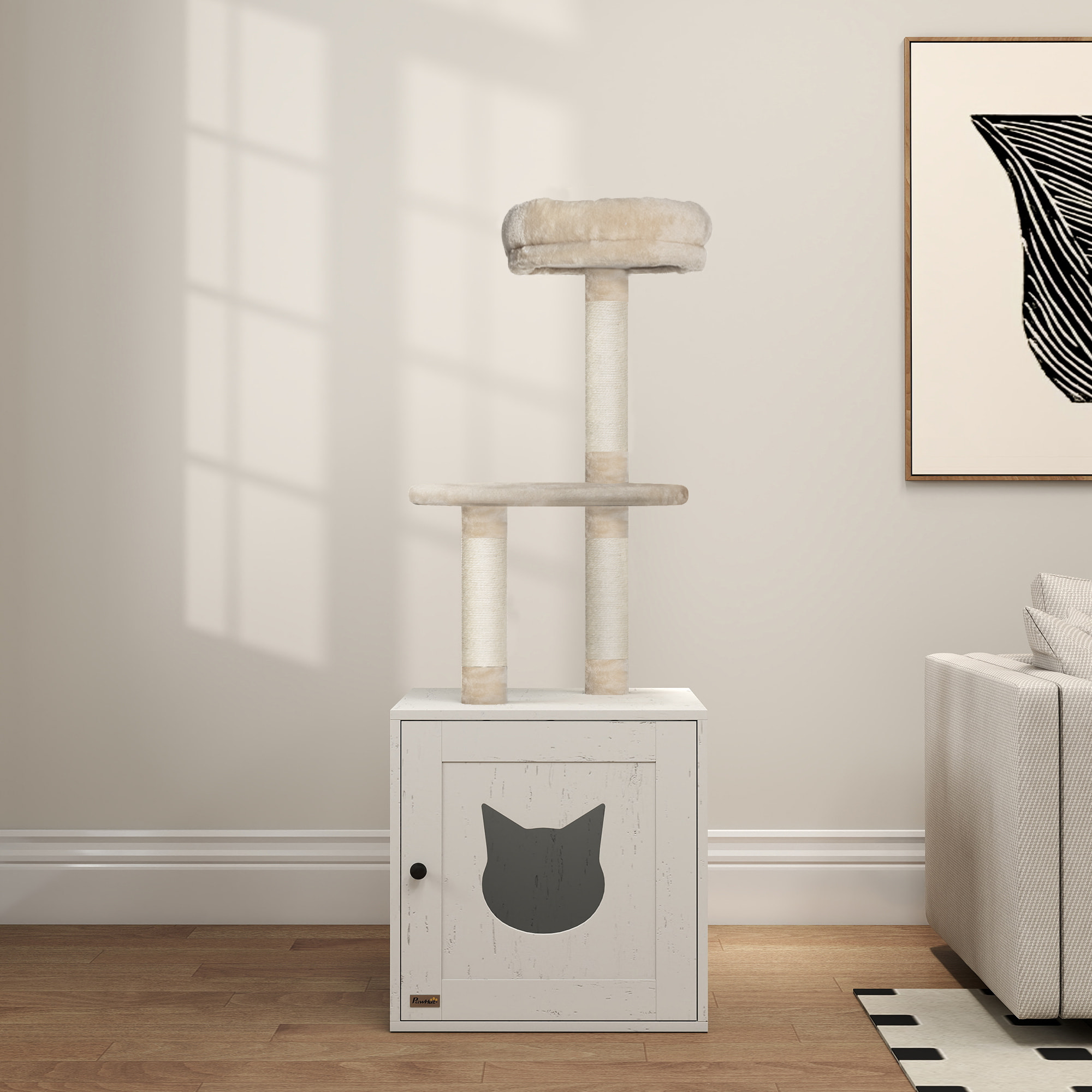 Arbre à chat maison de toilette 2 en 1 - H.129 cm - porte tête de chat - plateforme panier observation - blanc crème