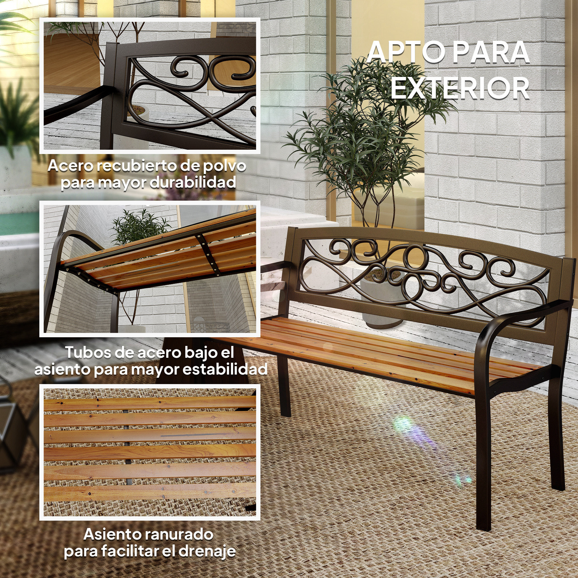 Banco de Jardín Exterior de 2 Plazas Banco de Exterior con Asiento de Madera y Marco de Acero para Patio Terraza 127x56x80 cm Negro y Natural