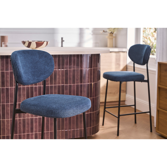 Tabourets de bar fixes en tissu effet velours texturé bleu foncé H65 cm (lot de 2) BREKA