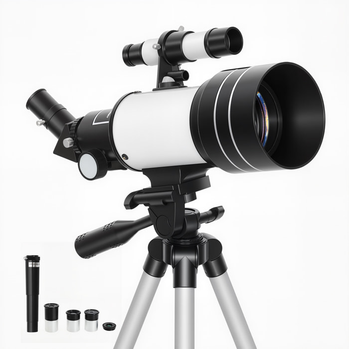 Telescopio Astronómico para Adultos y Principiantes, Apertura de 70 mm, 30X-300X, 300 mm Telescopio Refractor Astronómico Portátil, con Lente Barlow 3X, Nivel y Trípode Ajustable de Aluminio