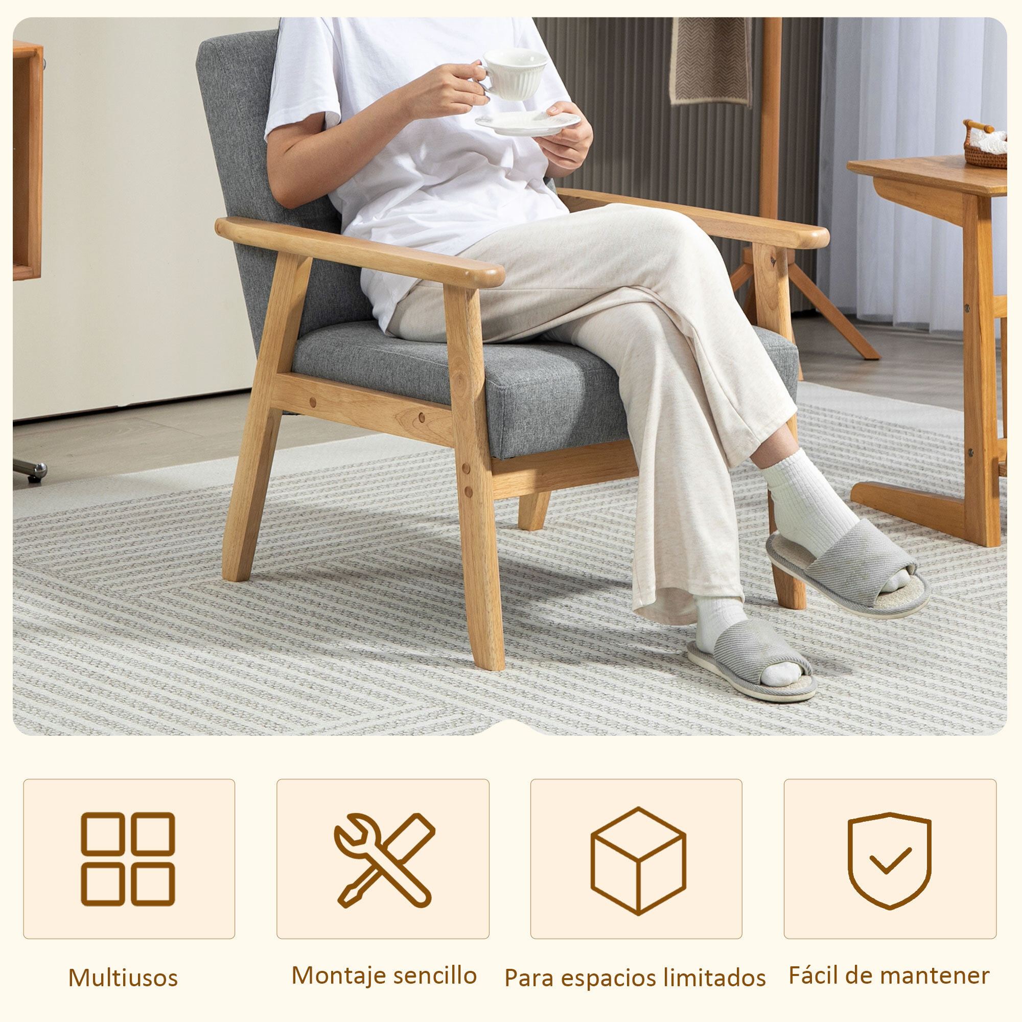 Sillón Individual Sofá Individual Tapizado en Lino con Reposabrazos de Madera Respaldo Acolchado Carga 130 kg Sillón para Salón Dormitorio Gris Claro