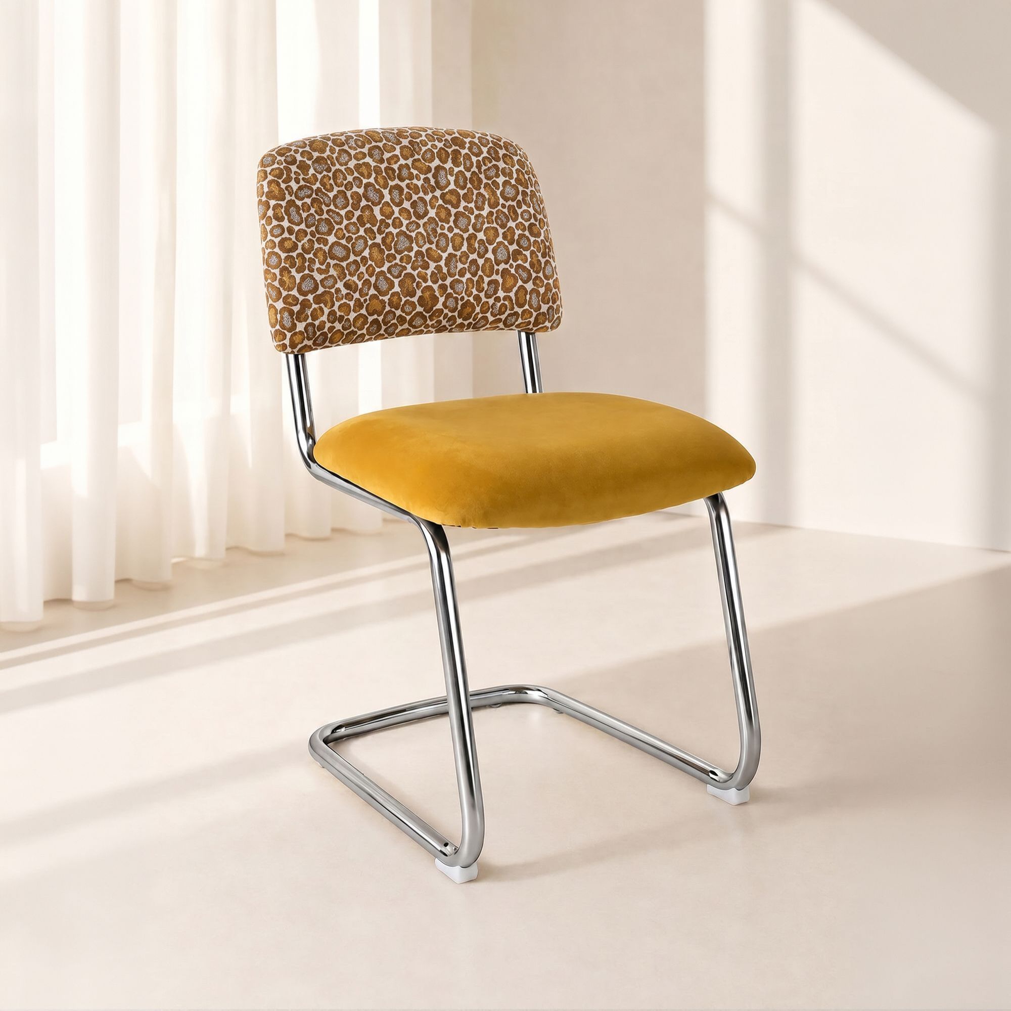 Lot de 2 chaises de table en tissu motif léopard et structure chrome FELINE