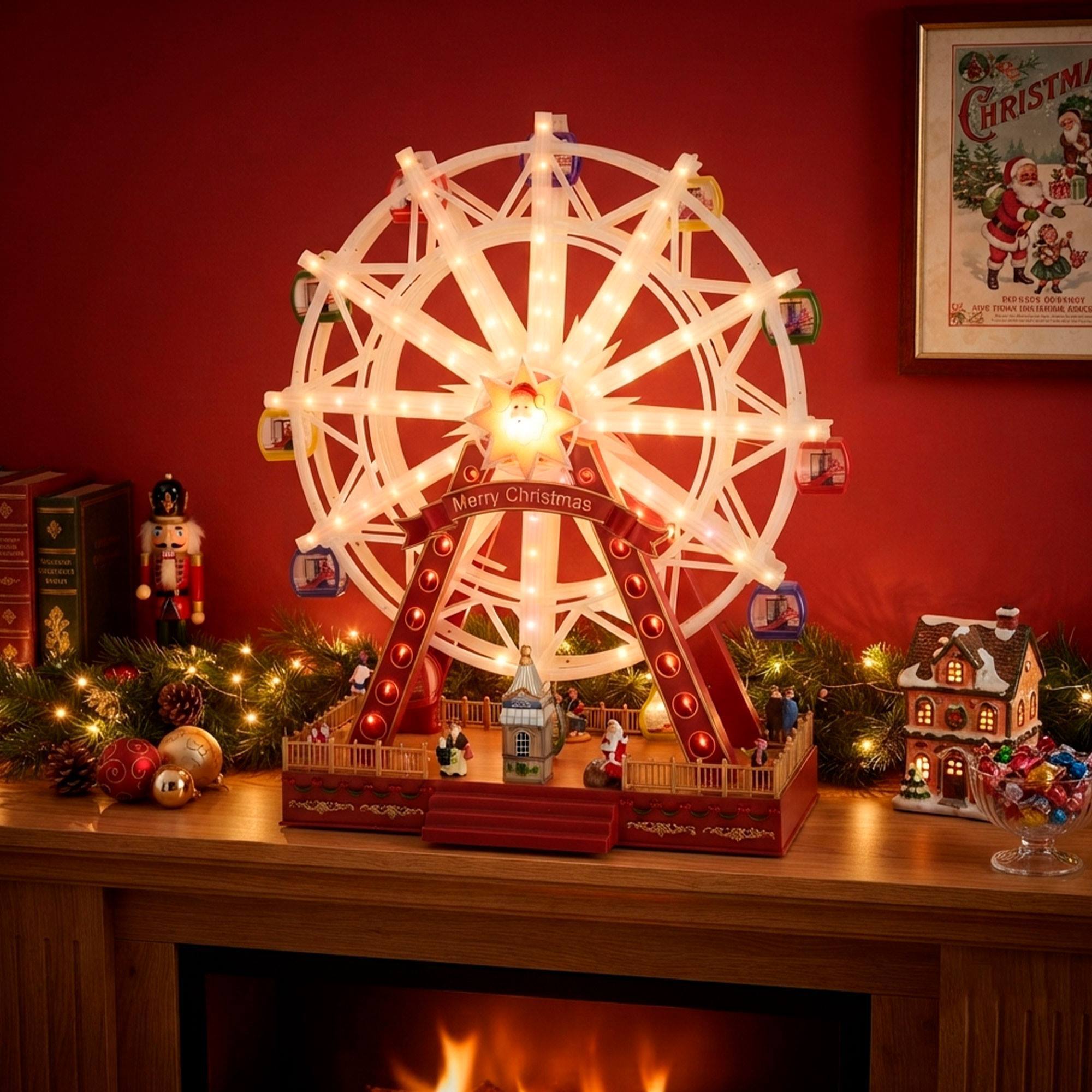 Noria navideña decorativa con luces led, movimiento y música, 56,5x24,5x65 cm, con adaptador, ideal para interiores