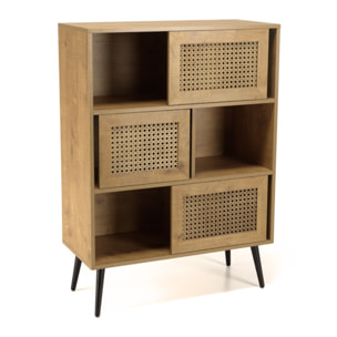 CHARLIE - Buffet marron 3 niches 3 portes effet cannage pieds métal