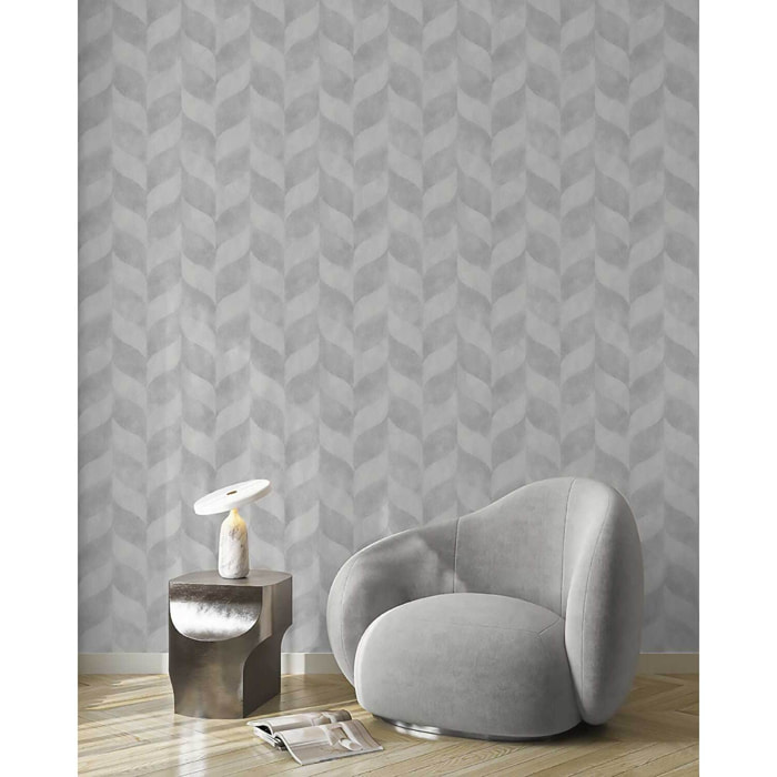 Papier peint géométrique feuilles gris argent