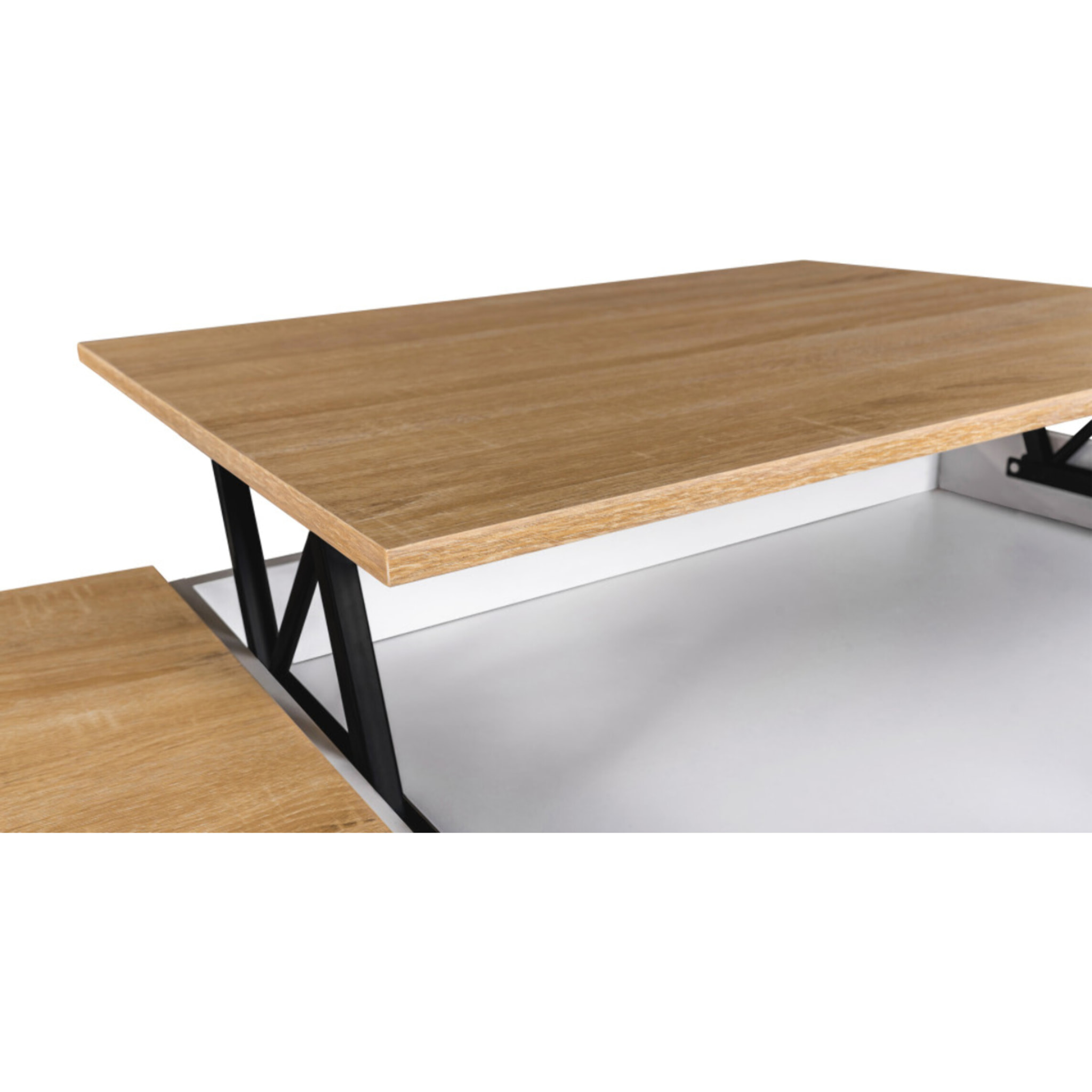 Table basse Elina relevable coffre latéral bois et blanc