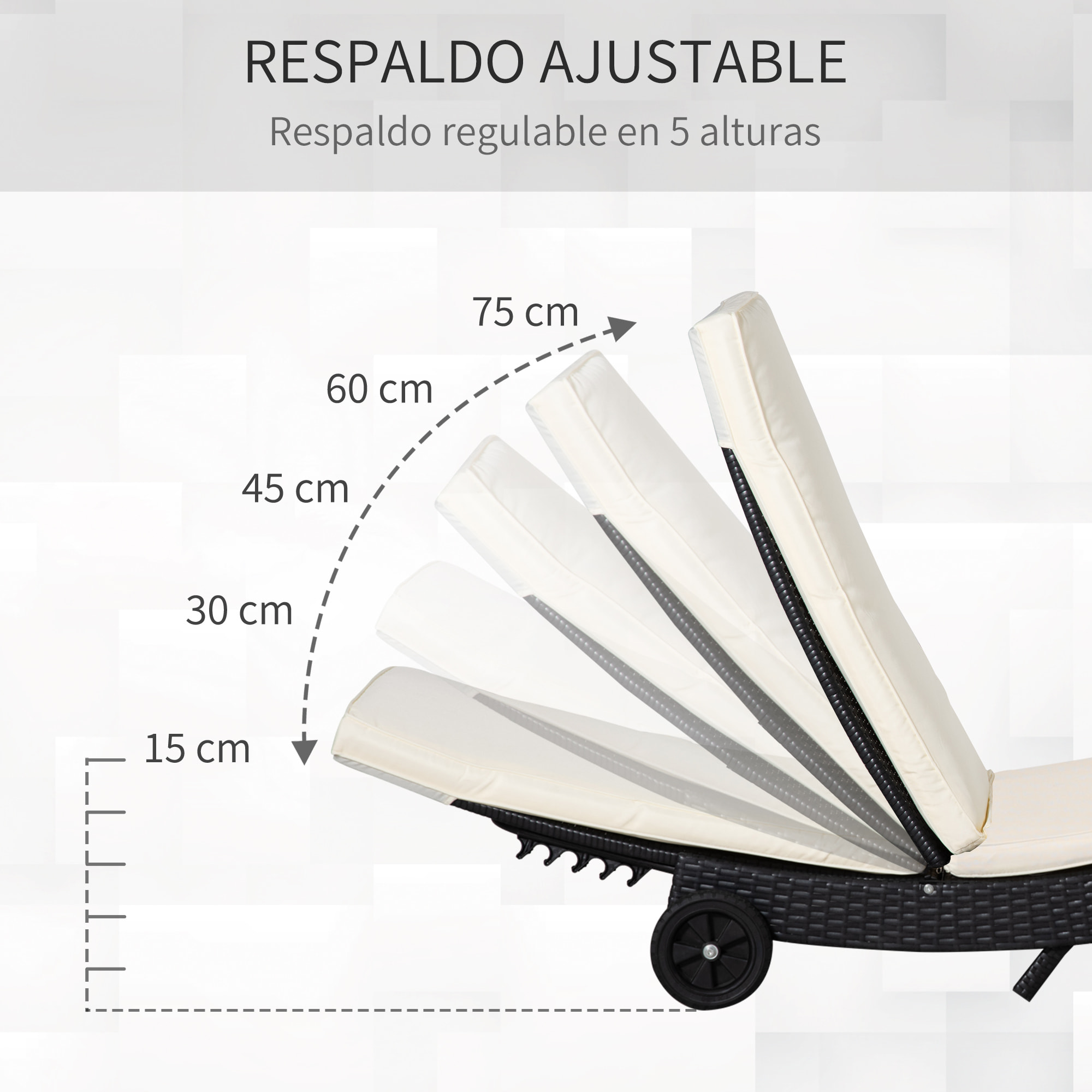 Tumbona de Ratán Reclinable Tumbona de Jardín en Forma de S con 2 Ruedas Respaldo Ajustable en 5 Posiciones y Cojín Extraíble para Patio Terraza 207x70x70 cm